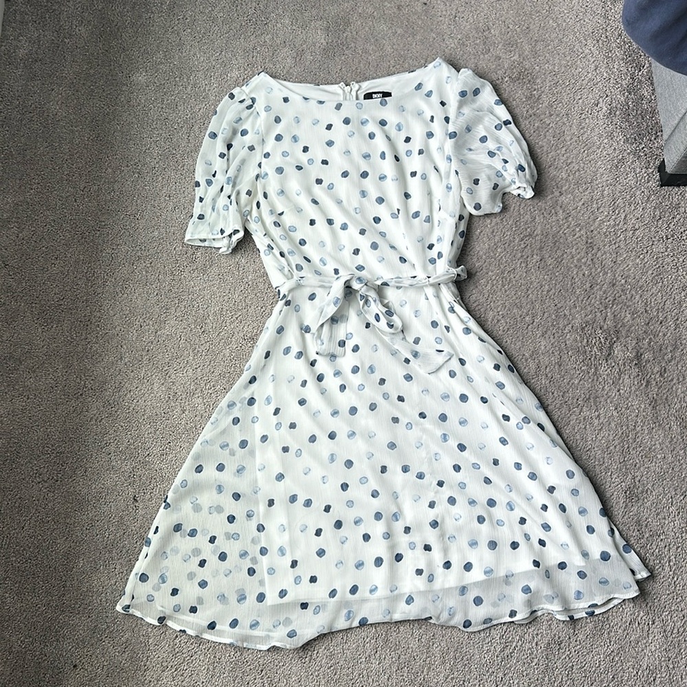 DKNY fit and flare white and blue polka dot dress